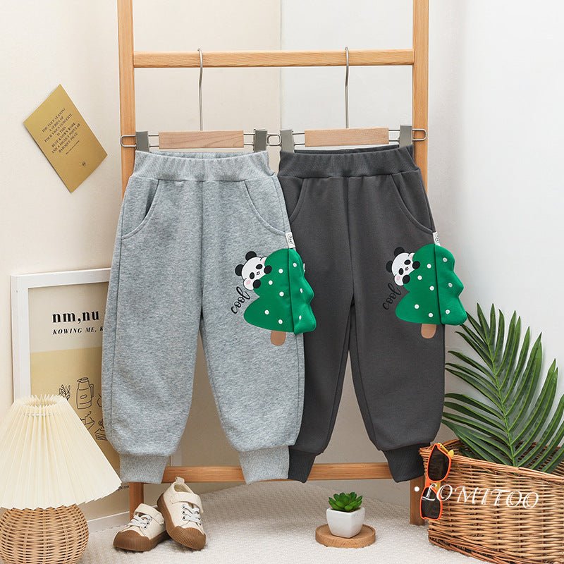 Børne sweatpants med panda og træ print - mørkegrå - Lilla Villa