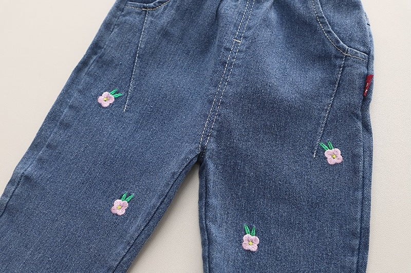 Børnetøjssæt med Blomsterbroderi - Trøje og Jeans (1 - 6 år) - Lilla Villa