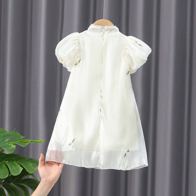 Broderet cheongsam flæsekjole/cocktailkjole/festkjole/hverdagskjole med ballonærmer til piger - Lilla Villa