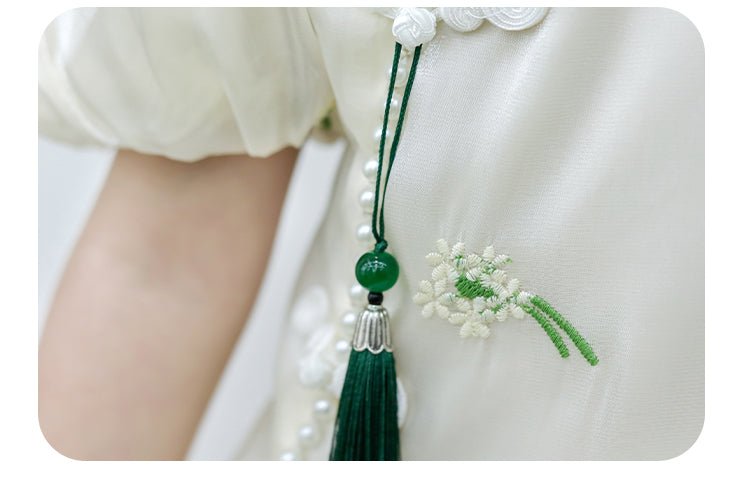 Broderet cheongsam flæsekjole/cocktailkjole/festkjole/hverdagskjole med ballonærmer til piger - Lilla Villa