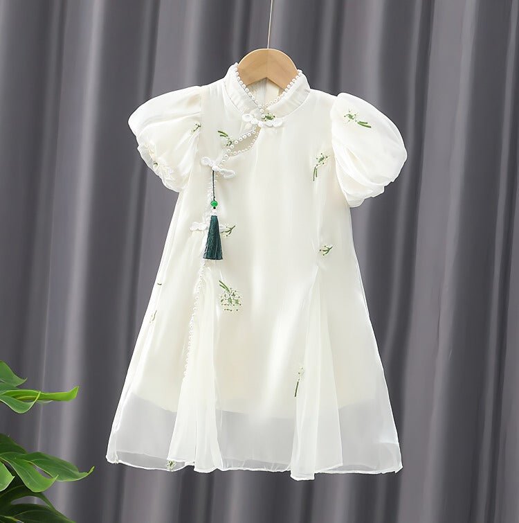 Broderet cheongsam flæsekjole/cocktailkjole/festkjole/hverdagskjole med ballonærmer til piger - Lilla Villa