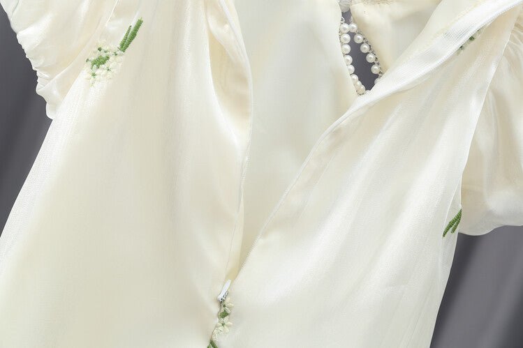 Broderet cheongsam flæsekjole/cocktailkjole/festkjole/hverdagskjole med ballonærmer til piger - Lilla Villa