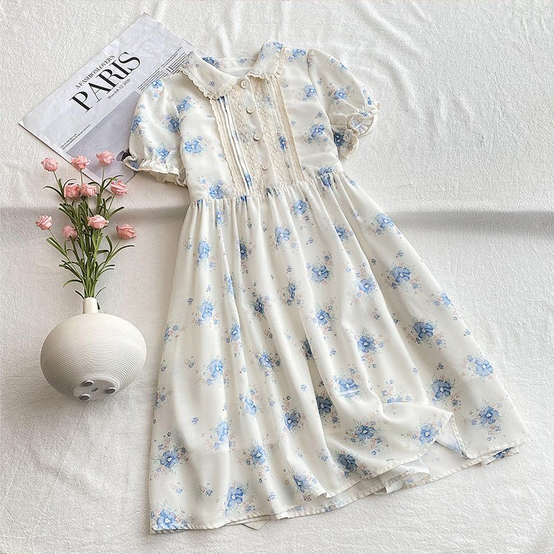 Chiffon kortærmet blomsterprint kjole til piger(6 - 14 år) - Lilla Villa