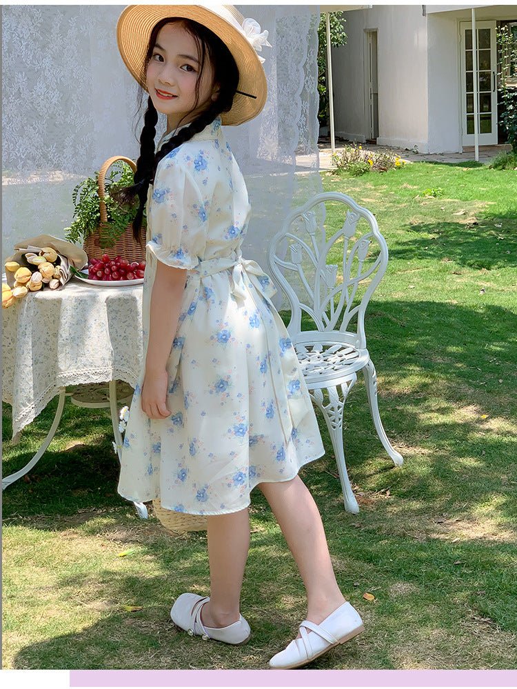 Chiffon kortærmet blomsterprint kjole til piger(6 - 14 år) - Lilla Villa