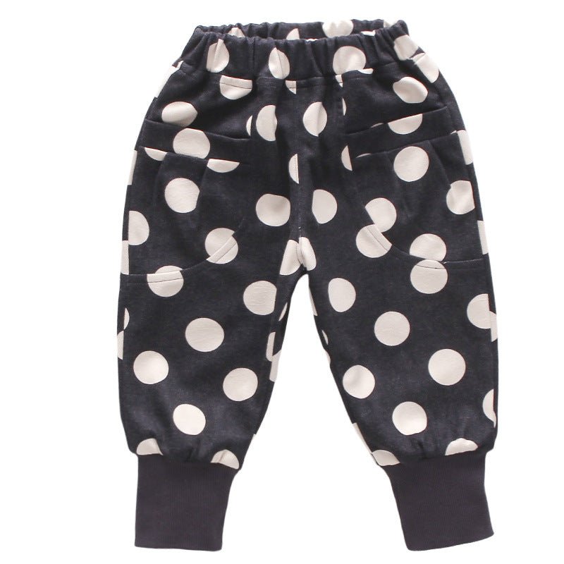 Ekstra varm sort fleece sweatpants/joggingbukser/joggers med hvide prikker til børn - Lilla Villa