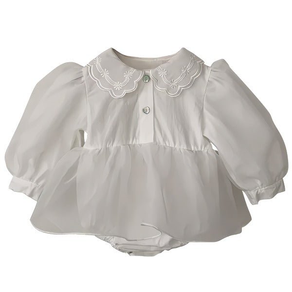 Elegant hvid baby body/kjole med puffede ærmer og broderet krave(0 - 18mdr.) - Lilla Villa