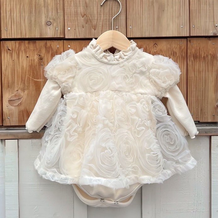 Elegant ivory blomsterkjole/body til baby med lange ærmer (0 - 18 mdr.) - Lilla Villa
