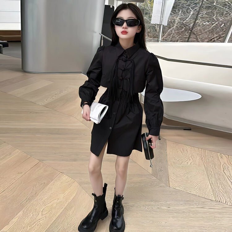 Elegant sort skjortekjole med knappedetaljer til piger (5 - 14 år) - Lilla Villa