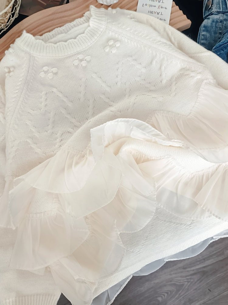 Elegante børnesweater med flæsedetaljer til piger(1 - 12år) - Lilla Villa