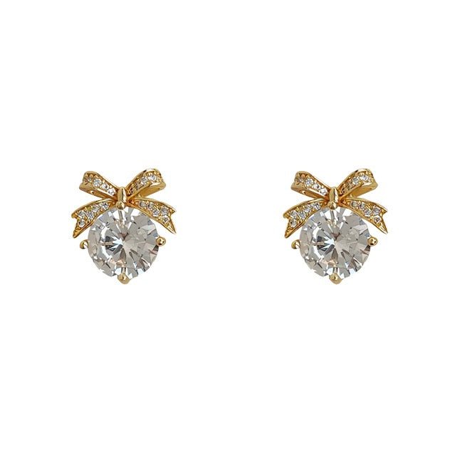 Forgyldt 14K 925 Sterling Sølv Nål Sløjfe Øreringe med Store Zirkonia – Elegant og Glitrende Design - Lilla Villa