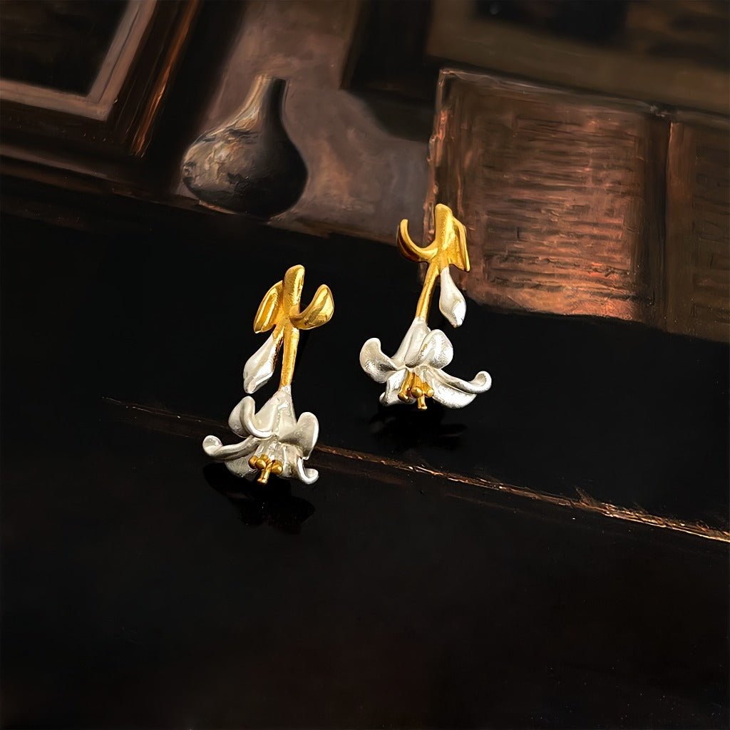 Fransk inspireret dobbeltfarvet blomst Øreringe med 14K Forgyldt & 925 Sølv Nål - Lilla Villa