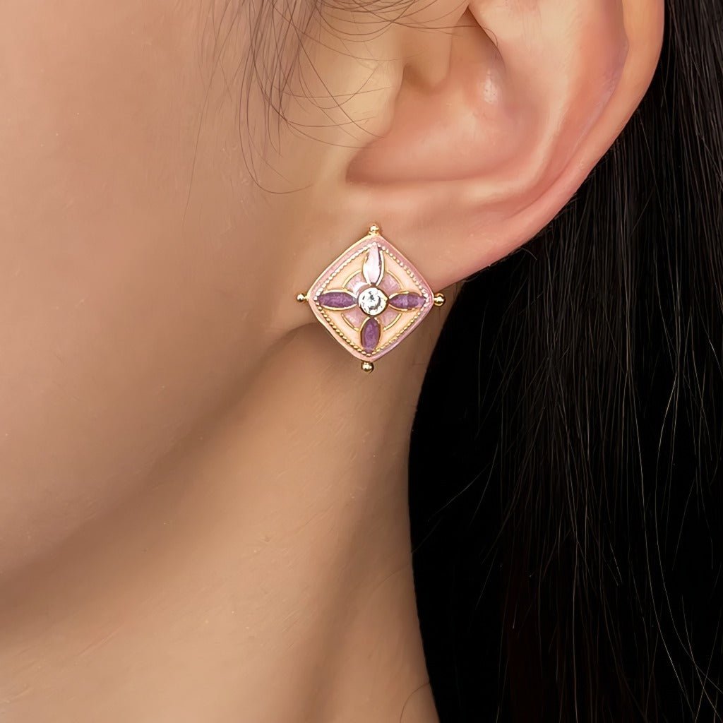 Fransk Vintage Emalje Øreringe – 18K Forgyldt med Zirkonia & 925 Sølv Nål - Lilla Villa