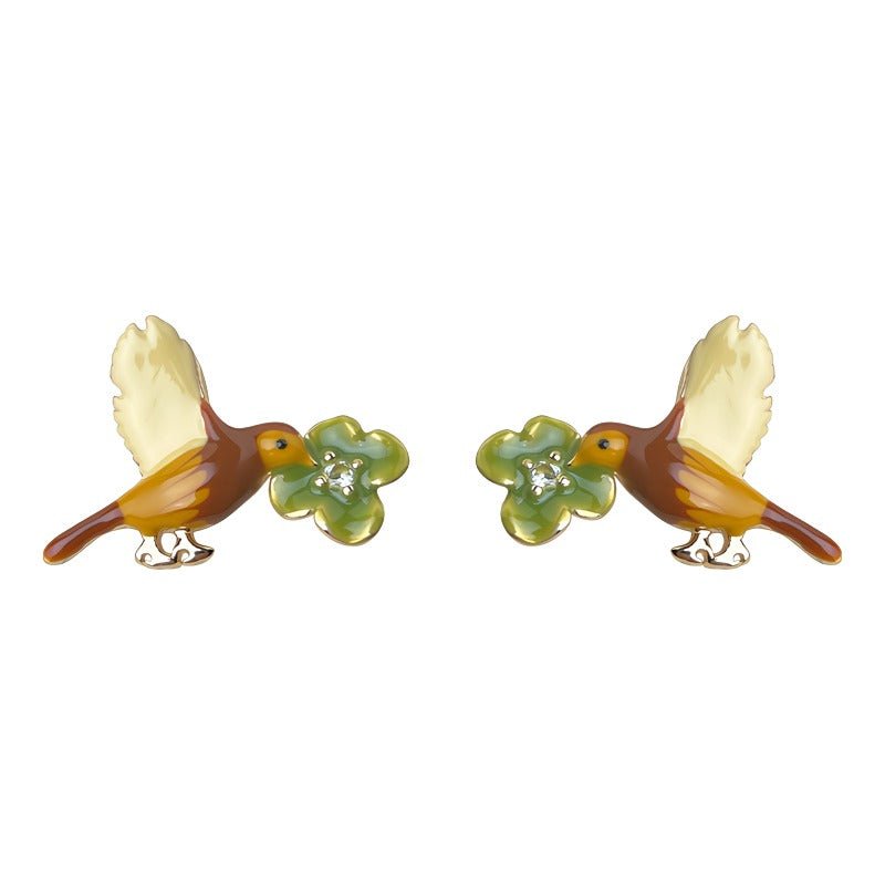 Fugl og Blomst Øreringe – 14K Forgyldt, S925 sølvnål & Håndlavet Emalje - Lilla Villa