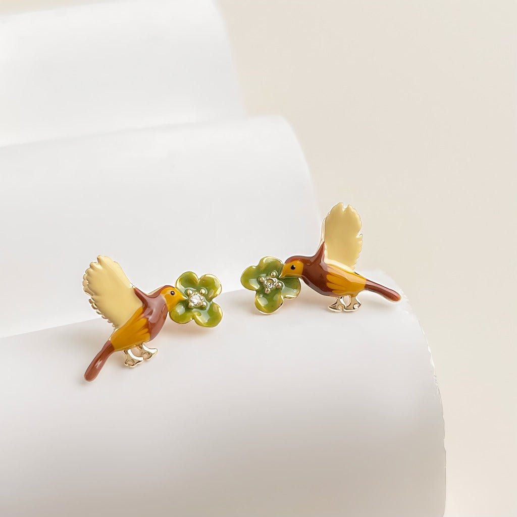 Fugl og Blomst Øreringe – 14K Forgyldt, S925 sølvnål & Håndlavet Emalje - Lilla Villa