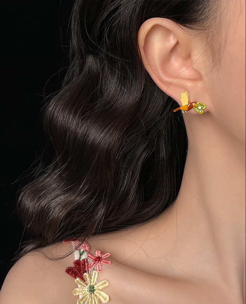 Fugl og Blomst Øreringe – 14K Forgyldt, S925 sølvnål & Håndlavet Emalje - Lilla Villa