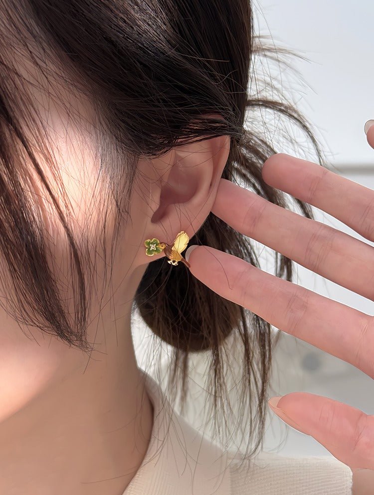 Fugl og Blomst Øreringe – 14K Forgyldt, S925 sølvnål & Håndlavet Emalje - Lilla Villa