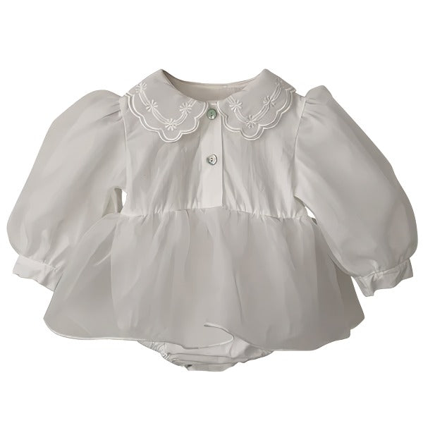 Elegant hvid baby body/kjole med puffede ærmer og broderet krave(0-18mdr.)