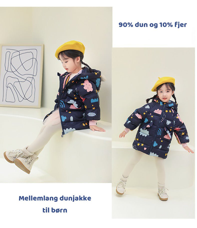 Mørkeblå lang dunjakke(90% hvide andedun og 10% fjer)til børn - med regnbue mønster - Lilla Villa