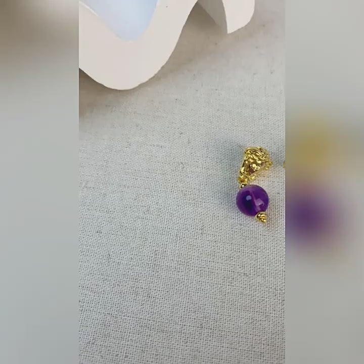 Fransk Vintage 925 Sølv Nål 14K Forgyldt Øreringe med Lilla Krystal – Elegant & Unikt Design