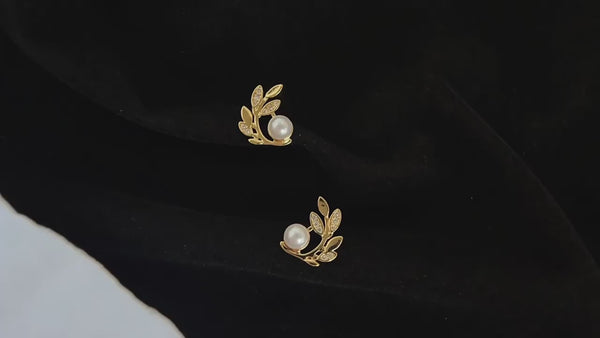 14K Forgyldte 925 Sterling Sølv Nåle Blad & Perle Øreringe – Naturlig Elegance og Klassisk Skønhed4