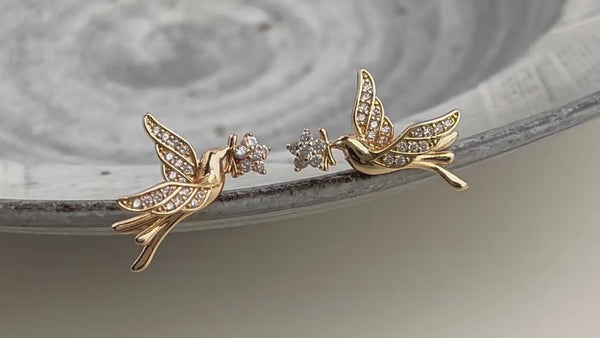 14K Forgyldte S925 Sølvnål Kolibri Øreringe med Zirkonia og Blomst