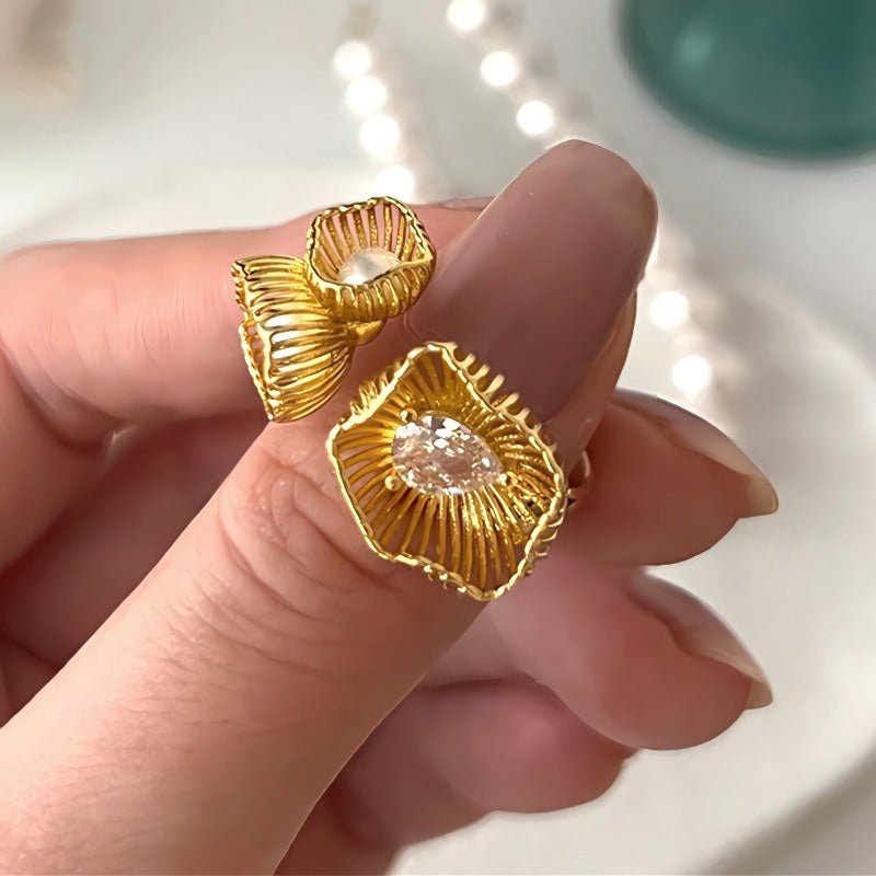 S925 Sterlingsølv Blomsterformet Justerbar Ring Belagt med 14K Guld - Lilla Villa