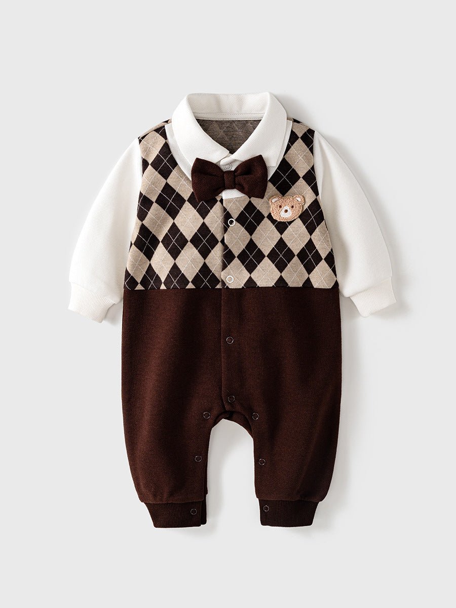 Cute baby romper with bow tie and pattern for boys (0-18 months)