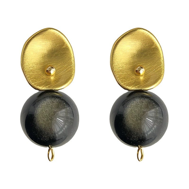 Sort Guldsten Øreringe – 14K Forgyldt & Naturlig Goldstone, S925 Sølvnål - Lilla Villa