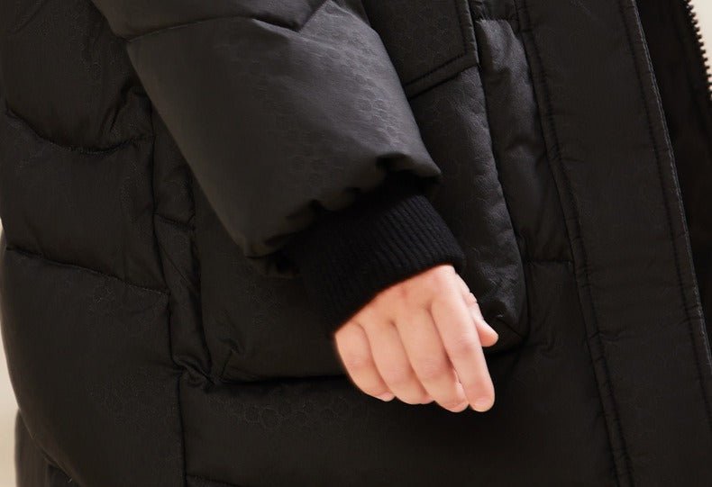 Sort lang dunjakke(90% hvide andedun og 10% fjer) med hvid ægte pelskrave til børn - Lilla Villa