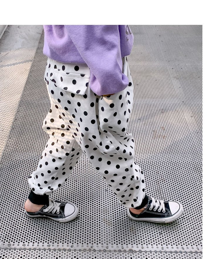 Sort og hvid plettet haremsbukser/joggingbukser/joggers til børn - Lilla Villa
