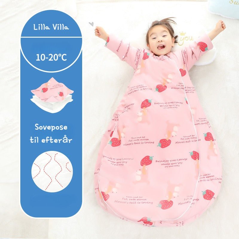 Varm sovepose til 10 - 20°C til baby/børn(Str.:9mdr. - 6år) med aftagelige ærmer - jordbær - Lilla Villa