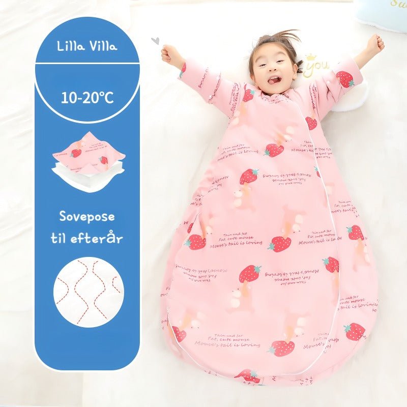 Varm sovepose til 10 - 20°C til baby/børn(Str.:9mdr. - 6år) med aftagelige ærmer - jordbær - Lilla Villa