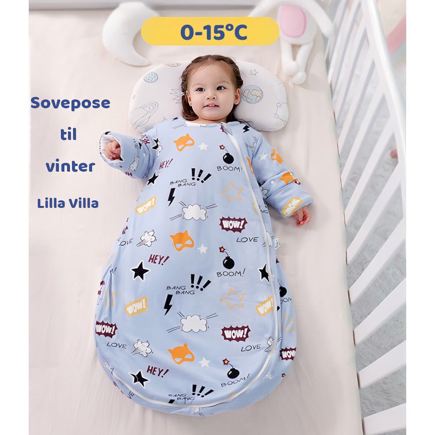 Varm vinter sovepose til 0 - 15°C til baby/børn(Str.:9mdr. - 6år) med aftagelige ærmer - superpower - Lilla Villa