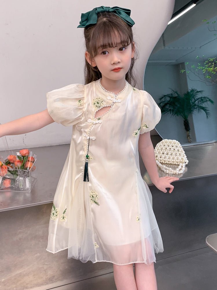 Broderet cheongsam flæsekjole/cocktailkjole/festkjole/hverdagskjole med ballonærmer til piger - Lilla Villa