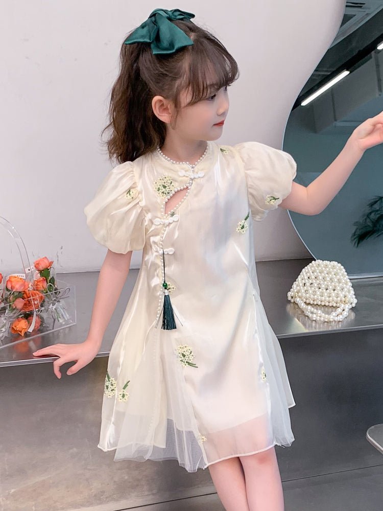 Broderet cheongsam flæsekjole/cocktailkjole/festkjole/hverdagskjole med ballonærmer til piger - Lilla Villa