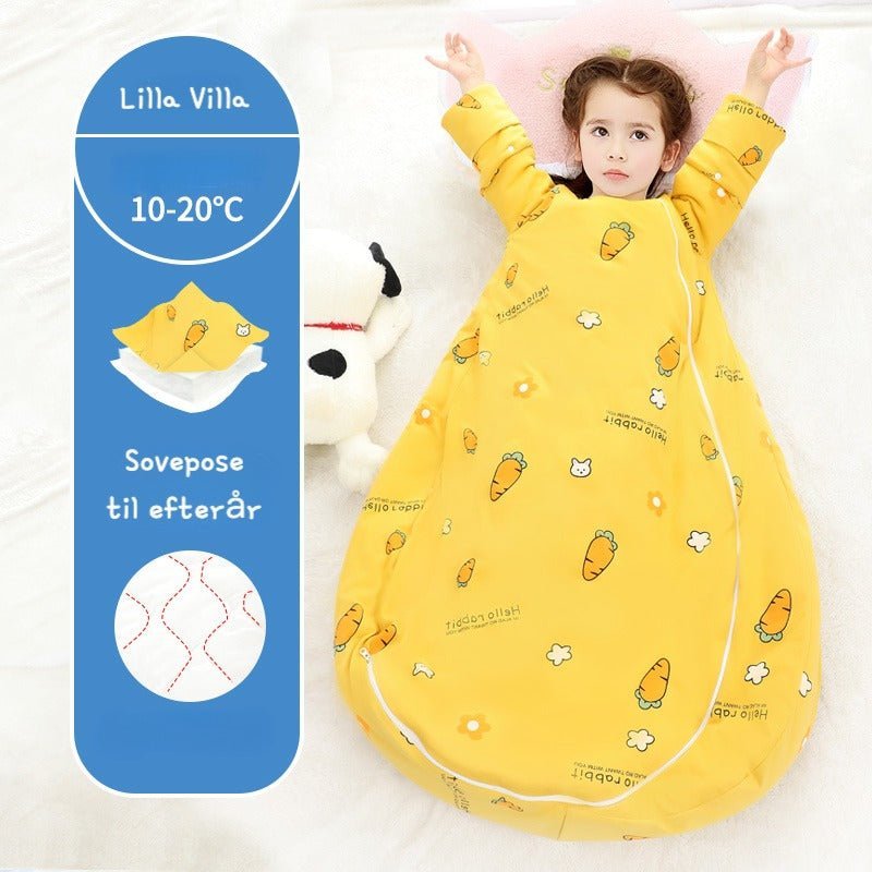 Varm sovepose til 10 - 20°C til baby/børn(Str.:9mdr. - 6år) med aftagelige ærmer - gulerod - Lilla Villa